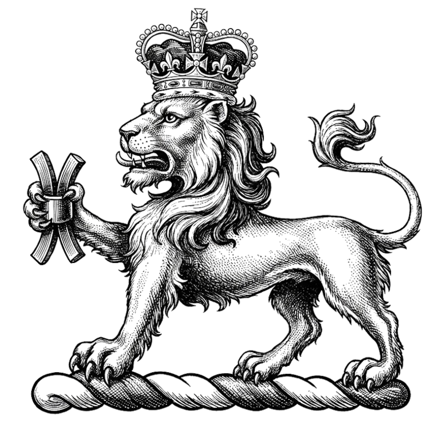 A lion passant gardant, ducally crowned, holding in the dexter paw a millrind digital download: Includes Color PNG, B&W PNG, and SVG vector files