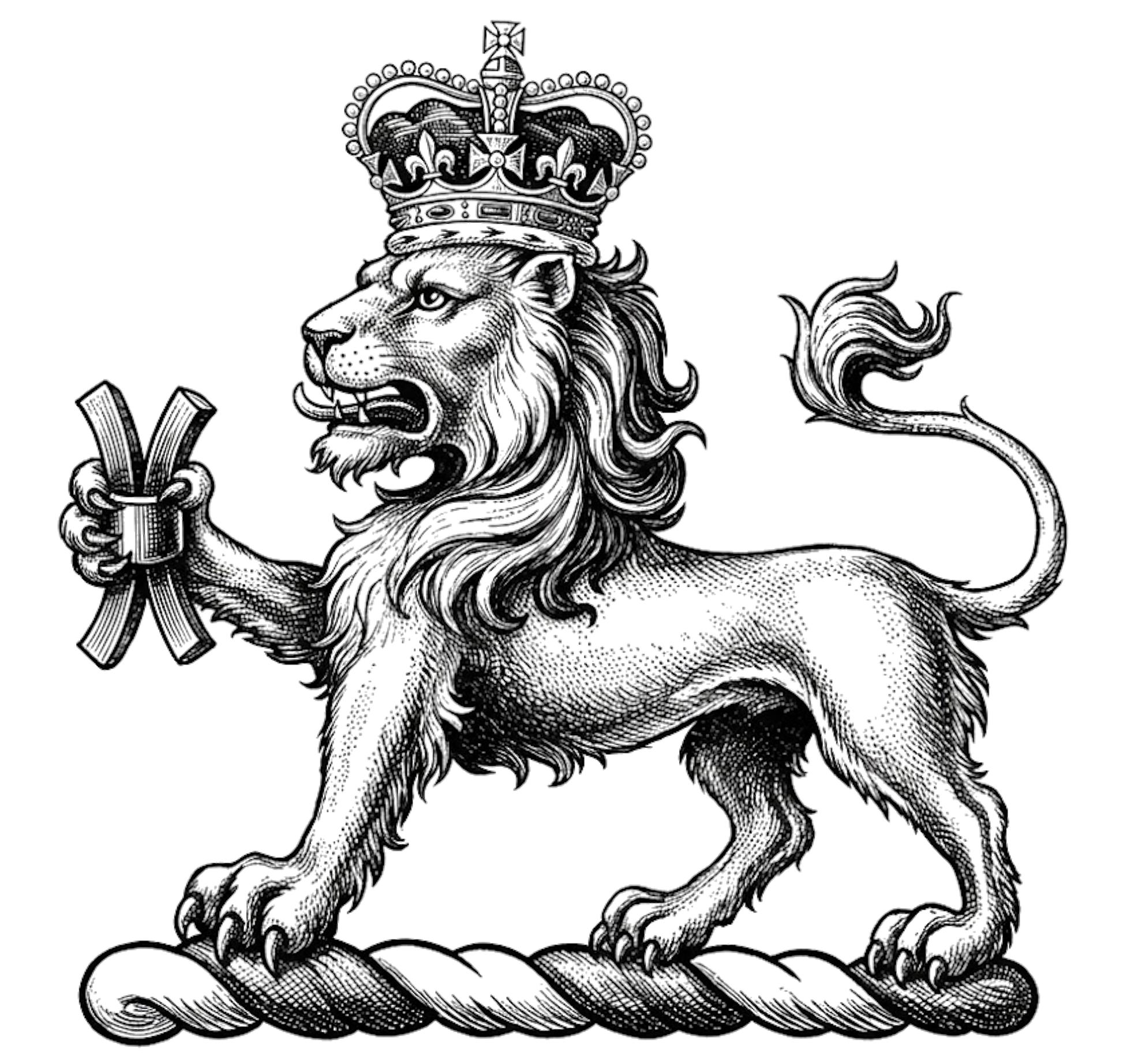 A lion passant gardant, ducally crowned, holding in the dexter paw a millrind digital download: Includes Color PNG, B&W PNG, and SVG vector files