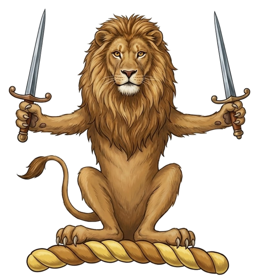 A lion sejant affrontée, holding in each fore-paw a dagger proper digital download: Includes Color PNG, B&W PNG, and SVG vector files