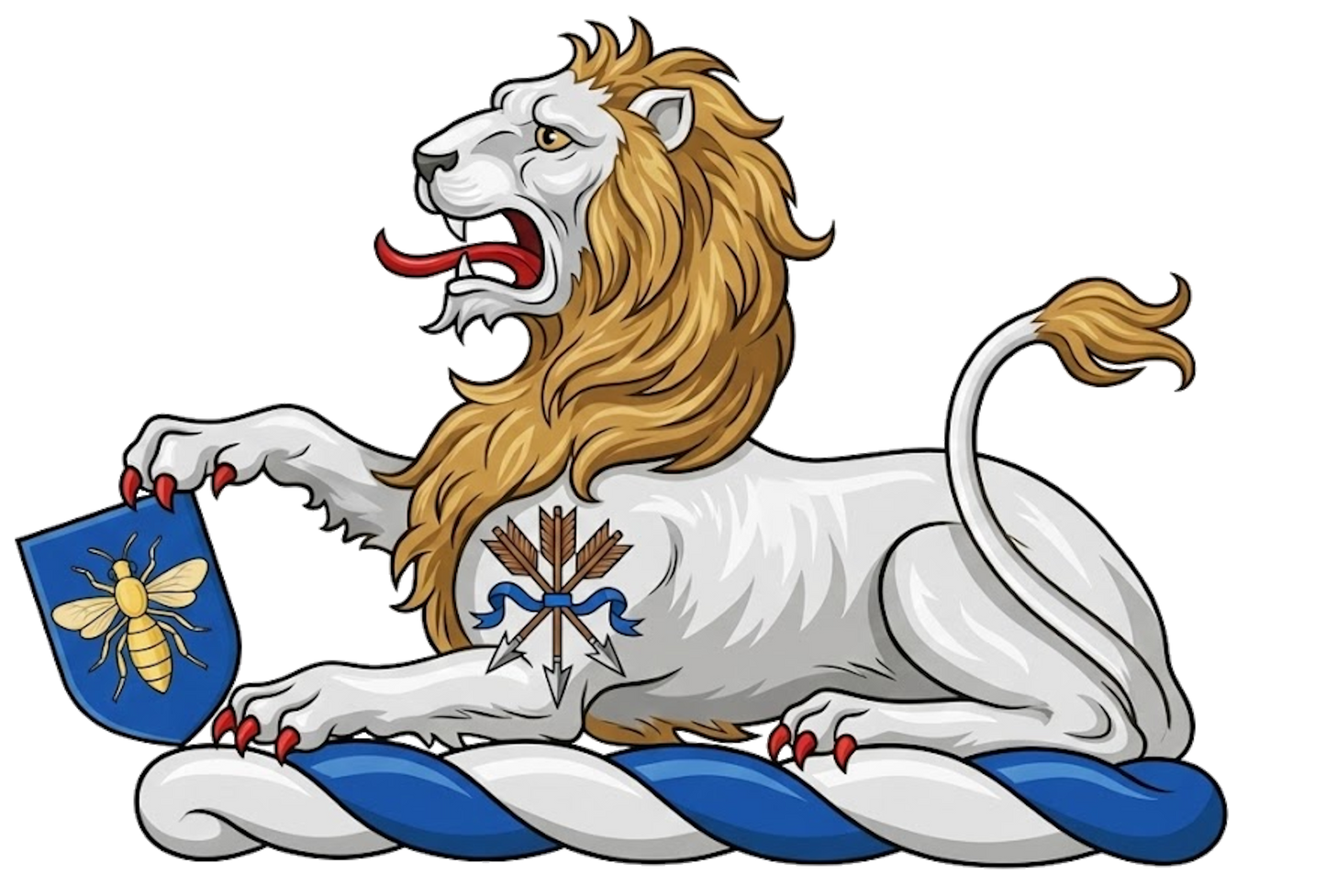 Lion couchant argent charged on the shoulder with a sheaf of arrows resting the dexter paw upon an escutcheon azure charged with a bee volant or digital download: Includes Color PNG, B&W PNG, and SVG vector files