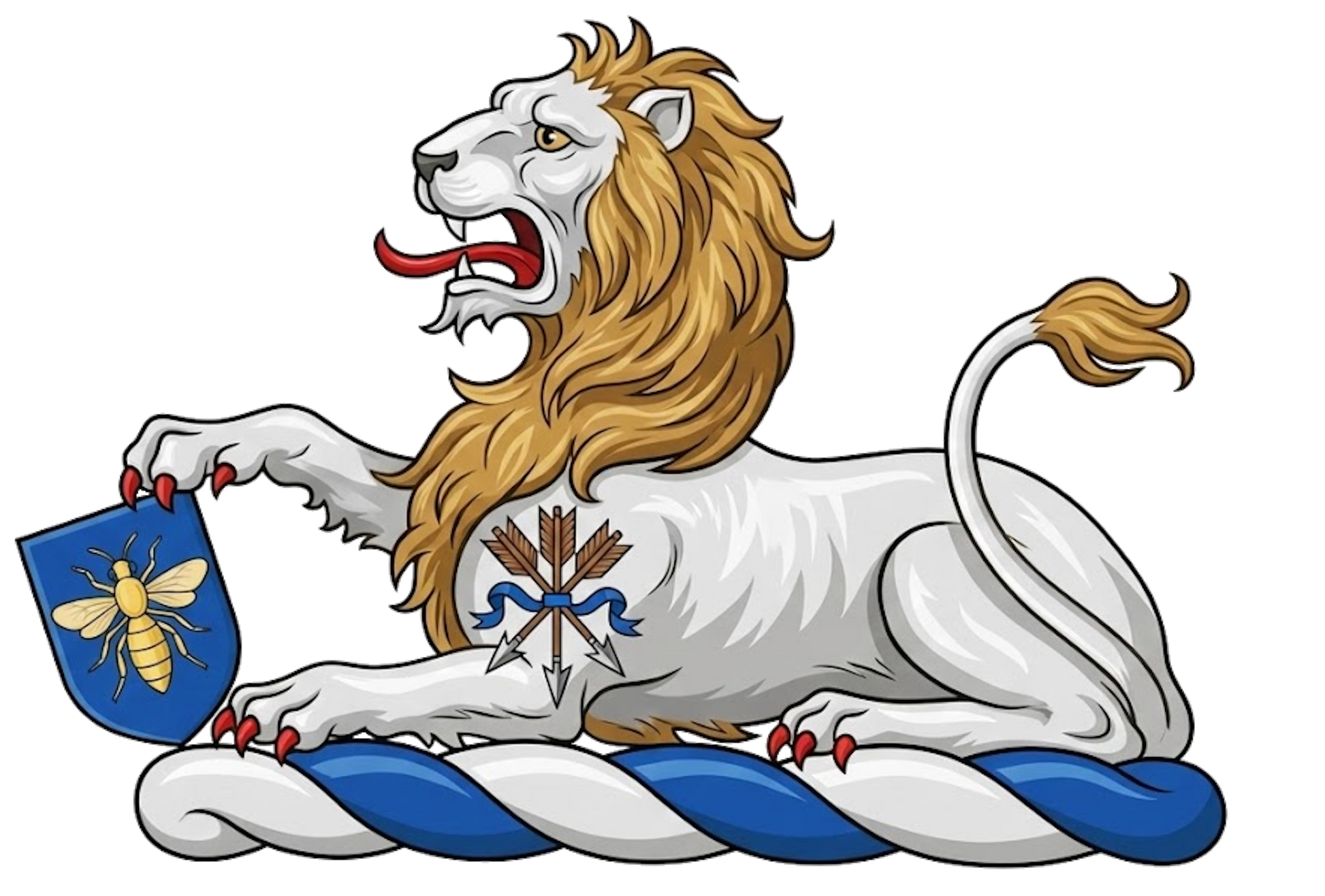 Lion couchant argent charged on the shoulder with a sheaf of arrows resting the dexter paw upon an escutcheon azure charged with a bee volant or digital download: Includes Color PNG, B&W PNG, and SVG vector files