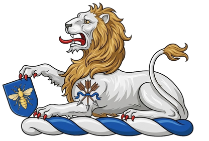 Lion couchant argent charged on the shoulder with a sheaf of arrows resting the dexter paw upon an escutcheon azure charged with a bee volant or digital download: Includes Color PNG, B&W PNG, and SVG vector files