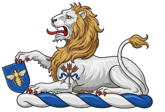 Lion couchant argent charged on the shoulder with a sheaf of arrows resting the dexter paw upon an escutcheon azure charged with a bee volant or digital download: Includes Color PNG, B&W PNG, and SVG vector files
