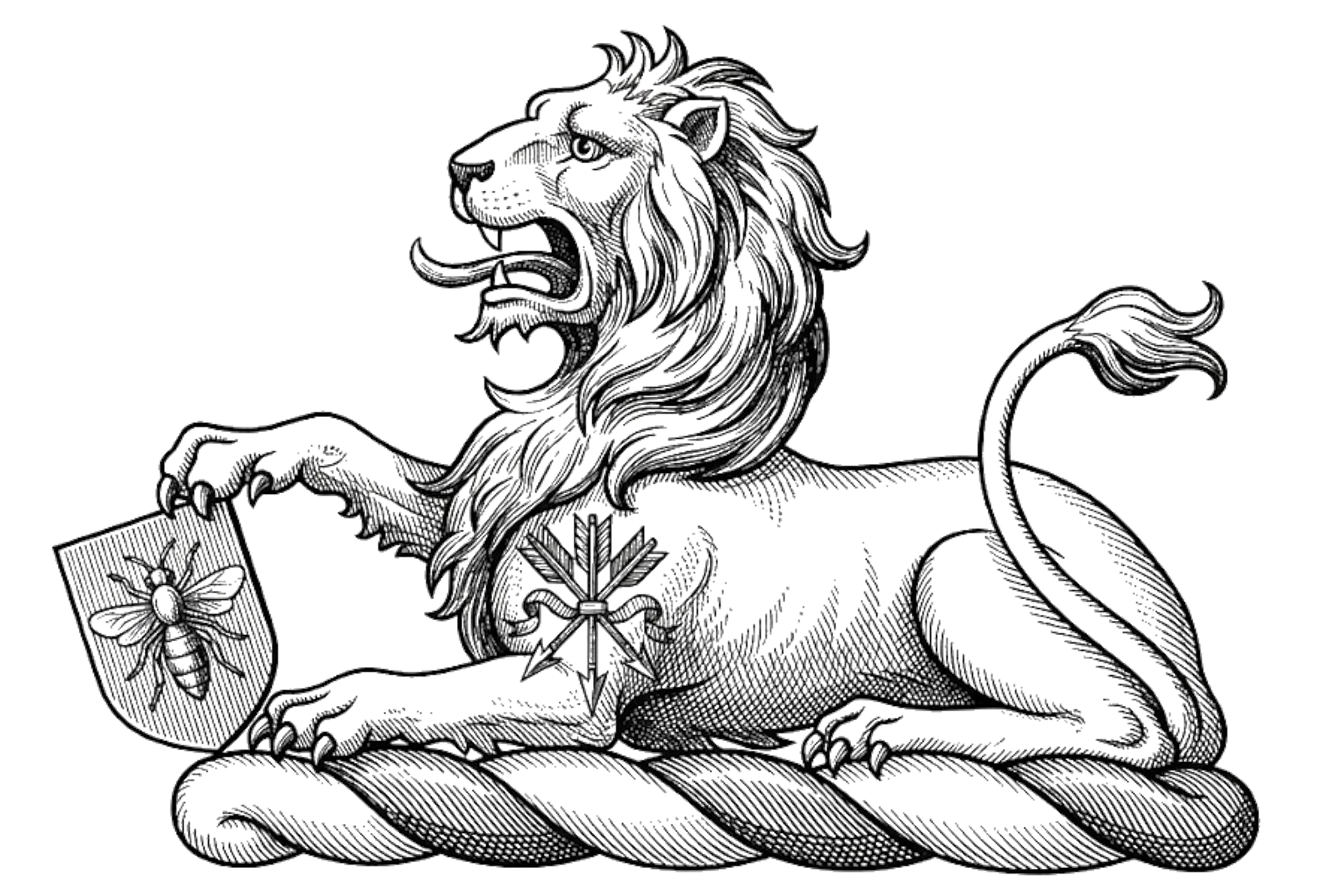 Lion couchant argent charged on the shoulder with a sheaf of arrows resting the dexter paw upon an escutcheon azure charged with a bee volant or digital download: Includes Color PNG, B&W PNG, and SVG vector files