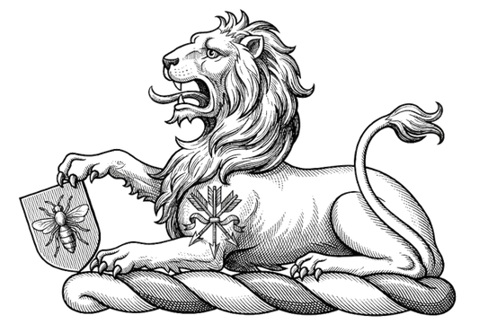 Lion couchant argent charged on the shoulder with a sheaf of arrows resting the dexter paw upon an escutcheon azure charged with a bee volant or digital download: Includes Color PNG, B&W PNG, and SVG vector files
