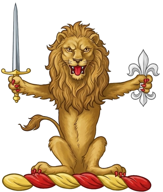 Lion Sejant Affrontee with Sword and Fleur-de-lis Crest digital download: Includes Color PNG, B&W PNG, and SVG vector files