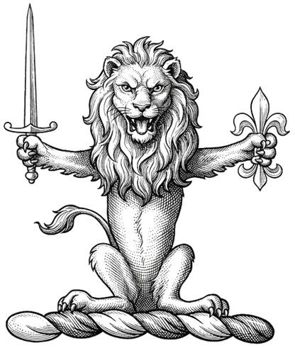 Lion Sejant Affrontee with Sword and Fleur-de-lis Crest digital download: Includes Color PNG, B&W PNG, and SVG vector files