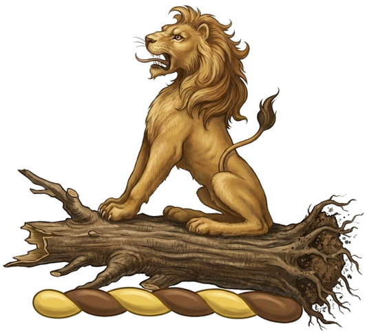 On the stump of a tree in fess, couped and eradicated, a lion sejant digital download: Includes Color PNG, B&W PNG, and SVG vector files
