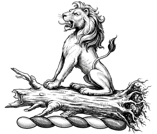 On the stump of a tree in fess, couped and eradicated, a lion sejant digital download: Includes Color PNG, B&W PNG, and SVG vector files