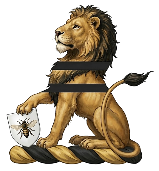 Lion Sejant Supporting Shield with Bee Crest digital download: Includes Color PNG, B&W PNG, and SVG vector files