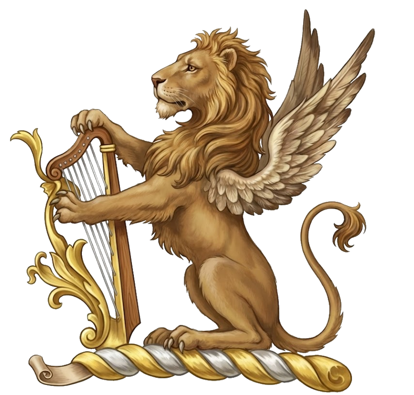 A winged lion sejant, wings endorsed, holding between the forepaws a harp digital download: Includes Color PNG, B&W PNG, and SVG vector files