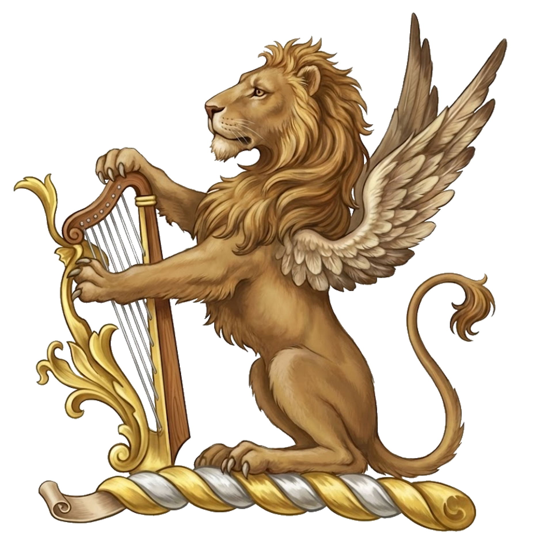 A winged lion sejant, wings endorsed, holding between the forepaws a harp digital download: Includes Color PNG, B&W PNG, and SVG vector files