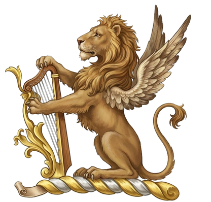 A winged lion sejant, wings endorsed, holding between the forepaws a harp digital download: Includes Color PNG, B&W PNG, and SVG vector files