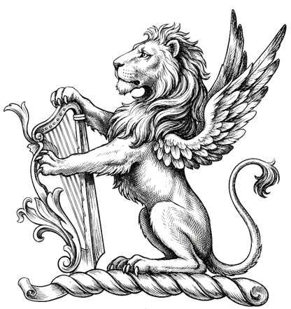 A winged lion sejant, wings endorsed, holding between the forepaws a harp digital download: Includes Color PNG, B&W PNG, and SVG vector files