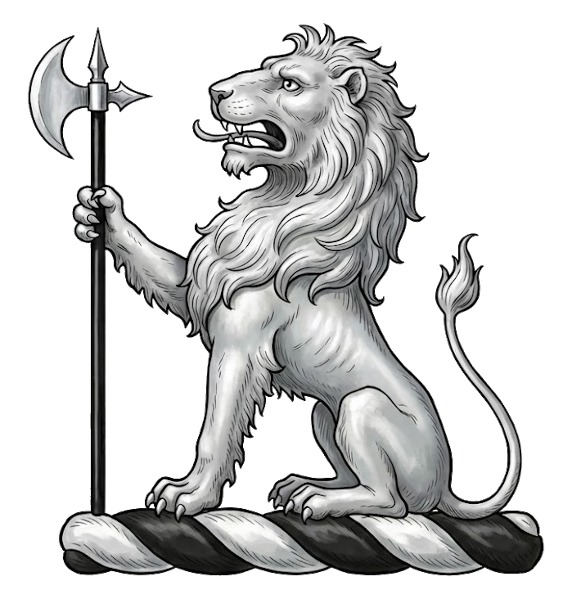 A lion sejant arg., supporting a battle-axe in pale sa., headed of the first. digital download: Includes Color PNG, B&W PNG, and SVG vector files