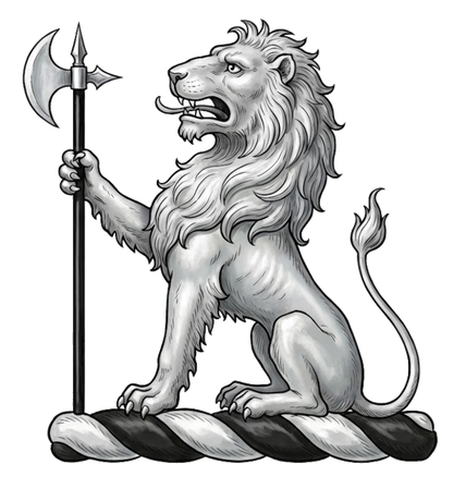 A lion sejant arg., supporting a battle-axe in pale sa., headed of the first. digital download: Includes Color PNG, B&W PNG, and SVG vector files