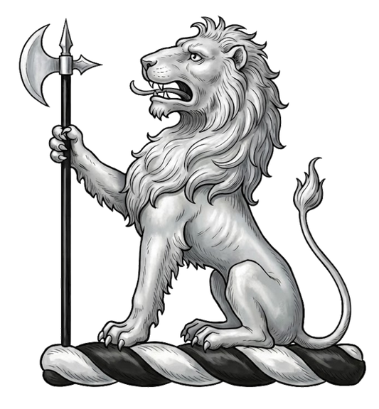 A lion sejant arg., supporting a battle-axe in pale sa., headed of the first. digital download: Includes Color PNG, B&W PNG, and SVG vector files