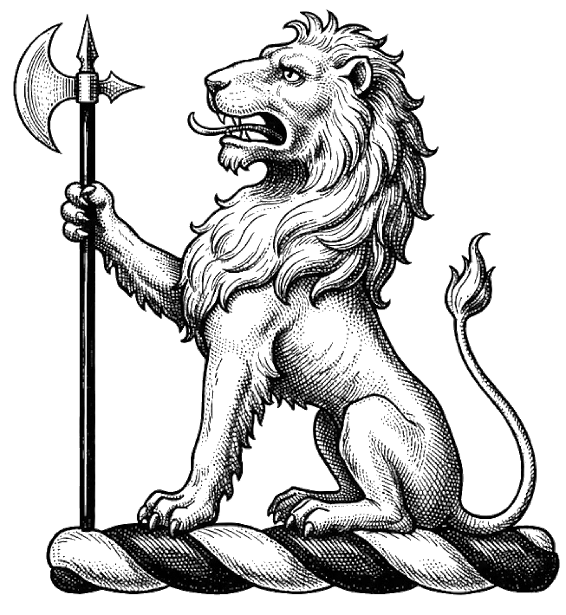 A lion sejant arg., supporting a battle-axe in pale sa., headed of the first. digital download: Includes Color PNG, B&W PNG, and SVG vector files