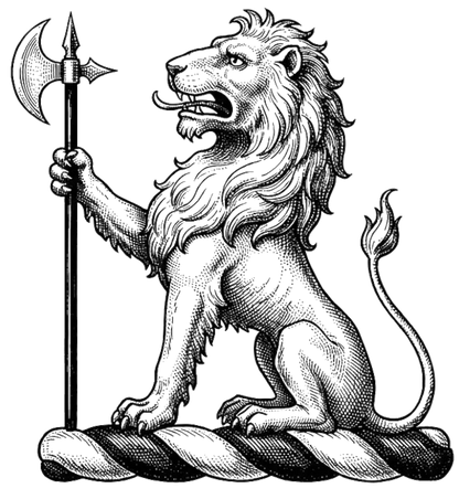 A lion sejant arg., supporting a battle-axe in pale sa., headed of the first. digital download: Includes Color PNG, B&W PNG, and SVG vector files