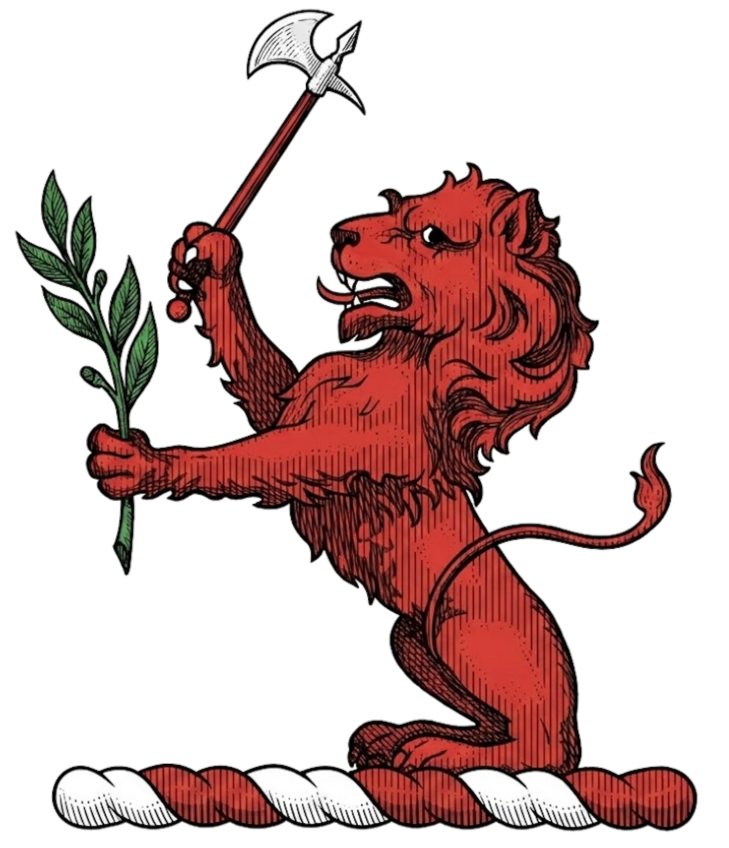Lion Sejant Gules Holding Battle-Axe and Laurel Branch digital download: Includes Color PNG, B&W PNG, and SVG vector files