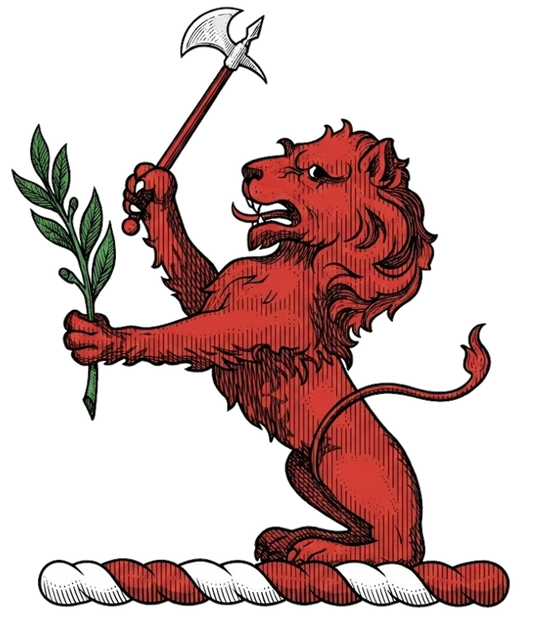 Lion Sejant Gules Holding Battle-Axe and Laurel Branch digital download: Includes Color PNG, B&W PNG, and SVG vector files