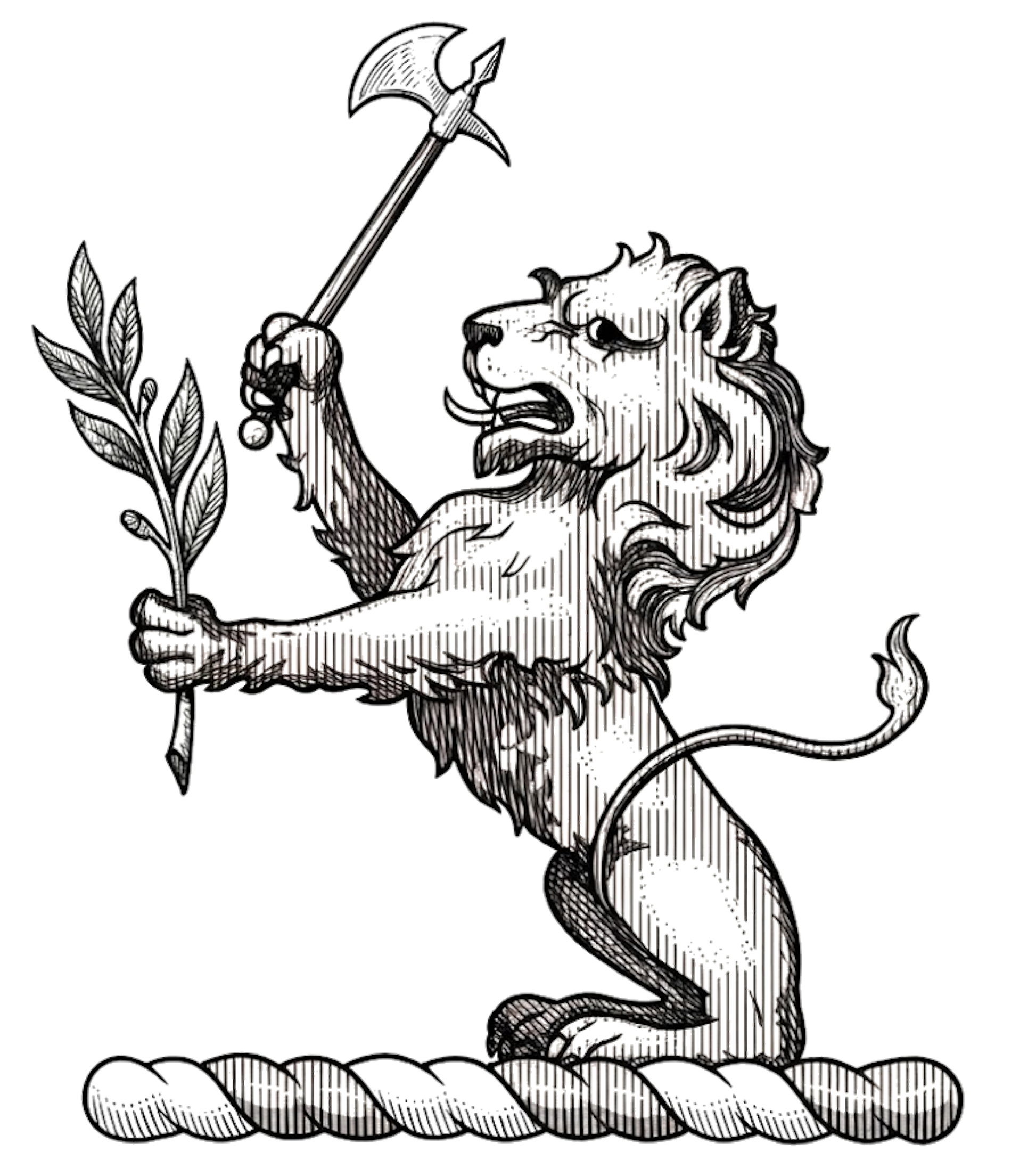 Lion Sejant Gules Holding Battle-Axe and Laurel Branch digital download: Includes Color PNG, B&W PNG, and SVG vector files