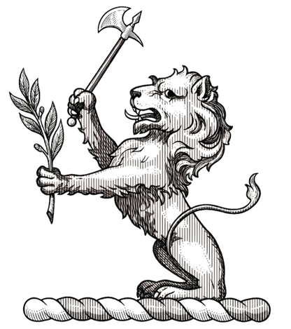 Lion Sejant Gules Holding Battle-Axe and Laurel Branch digital download: Includes Color PNG, B&W PNG, and SVG vector files