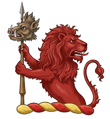 Demi-Lion Regardant Supporting a Spear Enfiled with a Boar's Head digital download: Includes Color PNG, B&W PNG, and SVG vector files