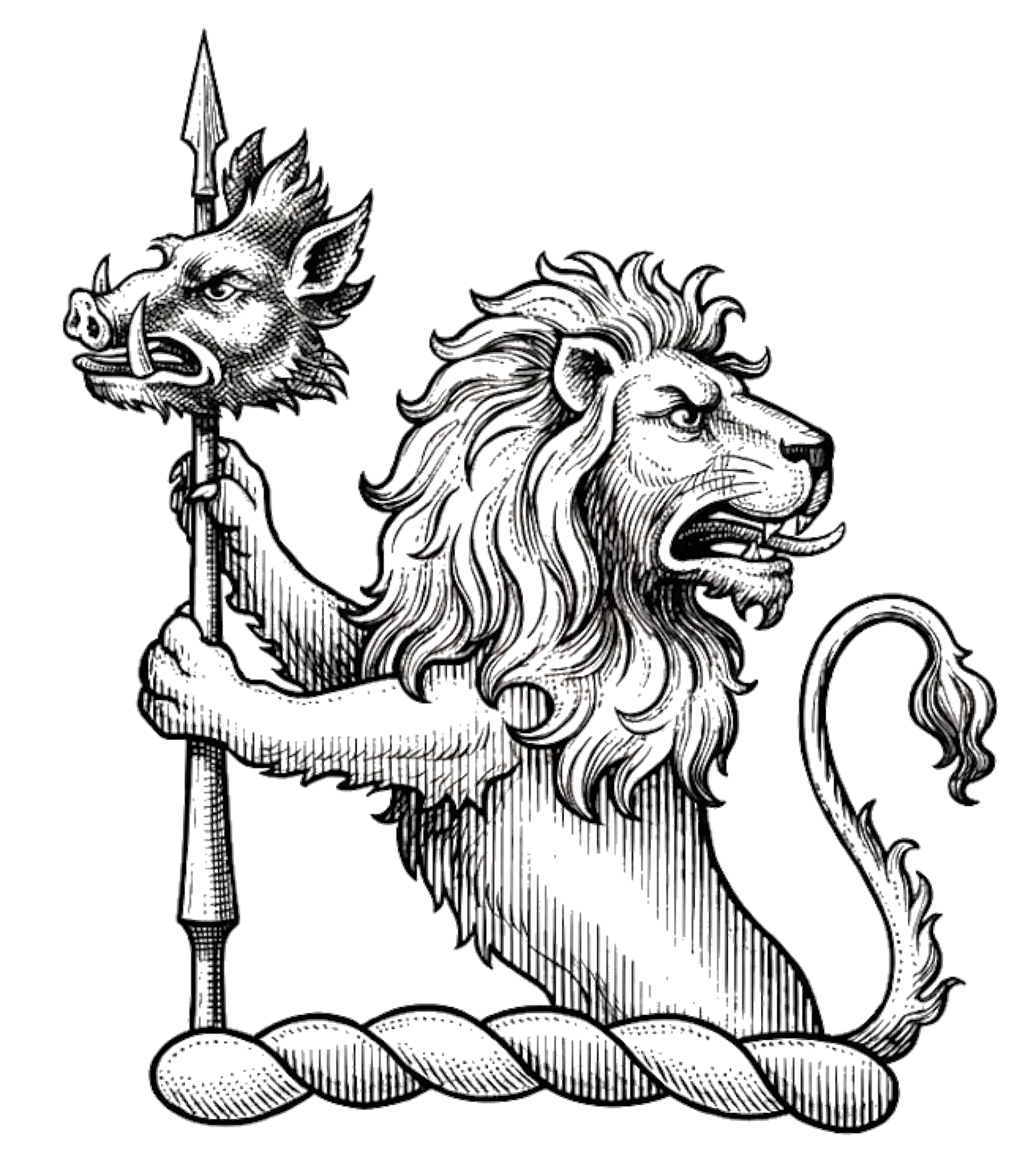 Demi-Lion Regardant Supporting a Spear Enfiled with a Boar's Head digital download: Includes Color PNG, B&W PNG, and SVG vector files