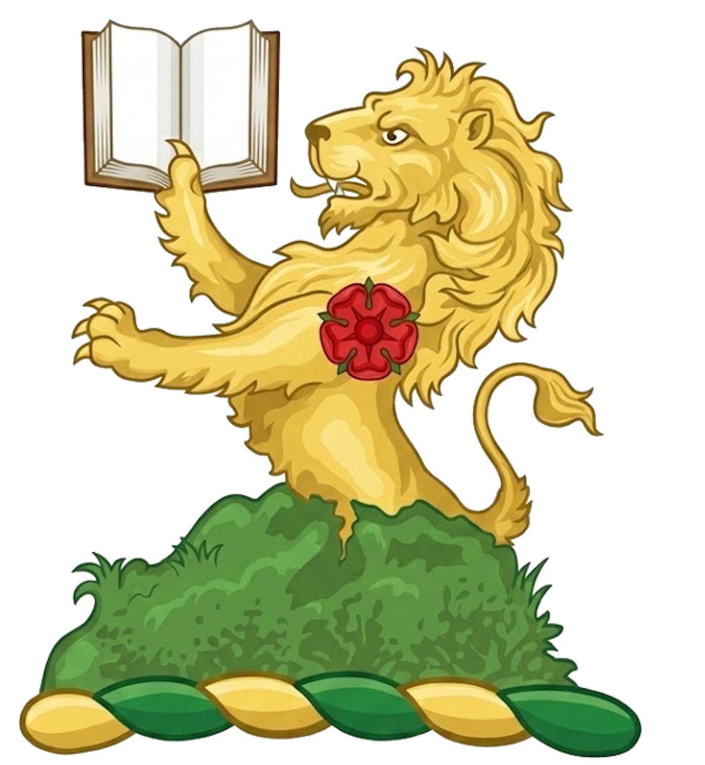 Issuing from a mount vert, a demi-lion or, holding a book expanded ppr., charged on the shoulder with a rose gu. digital download: Includes Color PNG, B&W PNG, and SVG vector files