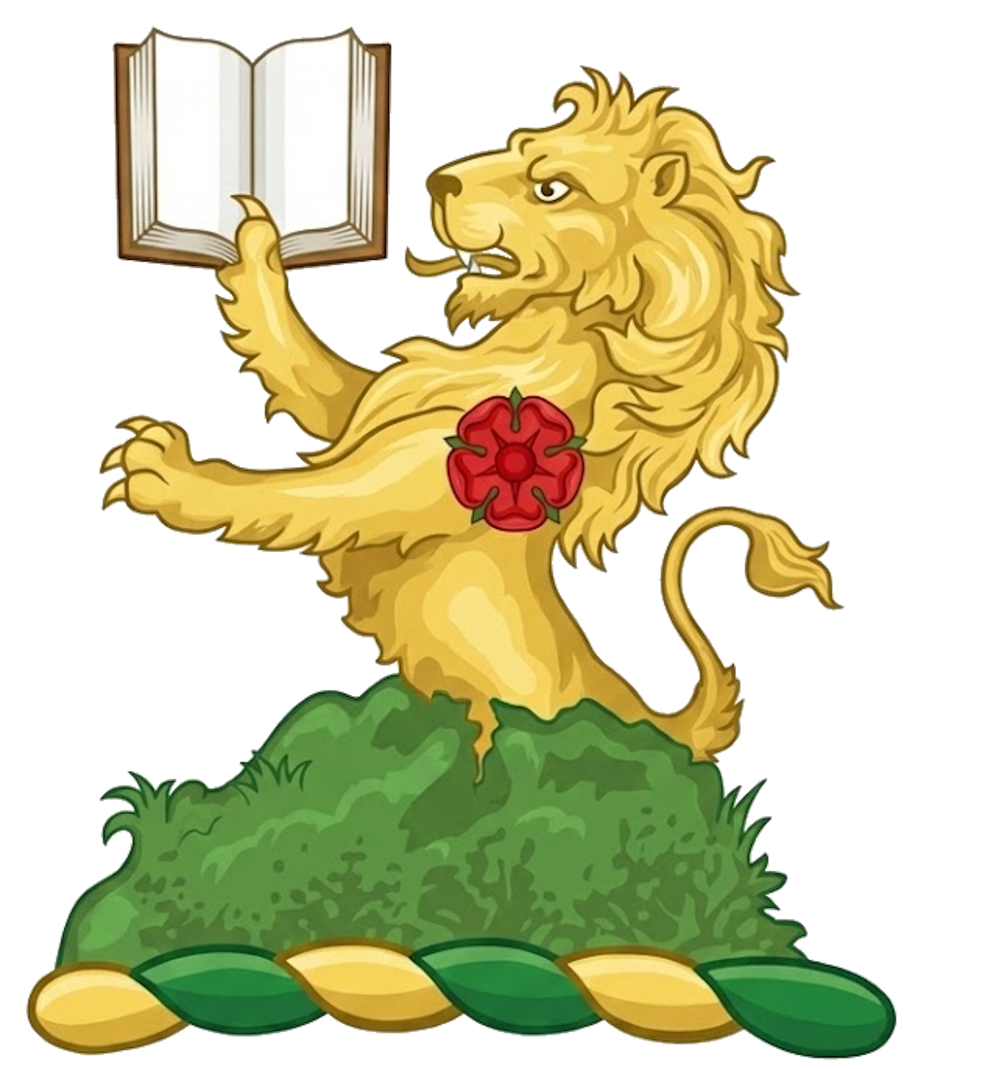 Issuing from a mount vert, a demi-lion or, holding a book expanded ppr., charged on the shoulder with a rose gu. digital download: Includes Color PNG, B&W PNG, and SVG vector files