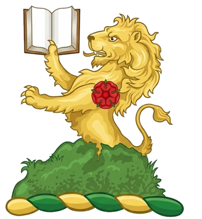 Issuing from a mount vert, a demi-lion or, holding a book expanded ppr., charged on the shoulder with a rose gu. digital download: Includes Color PNG, B&W PNG, and SVG vector files