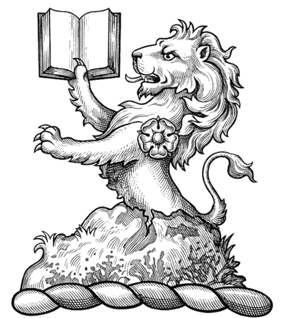Issuing from a mount vert, a demi-lion or, holding a book expanded ppr., charged on the shoulder with a rose gu. digital download: Includes Color PNG, B&W PNG, and SVG vector files