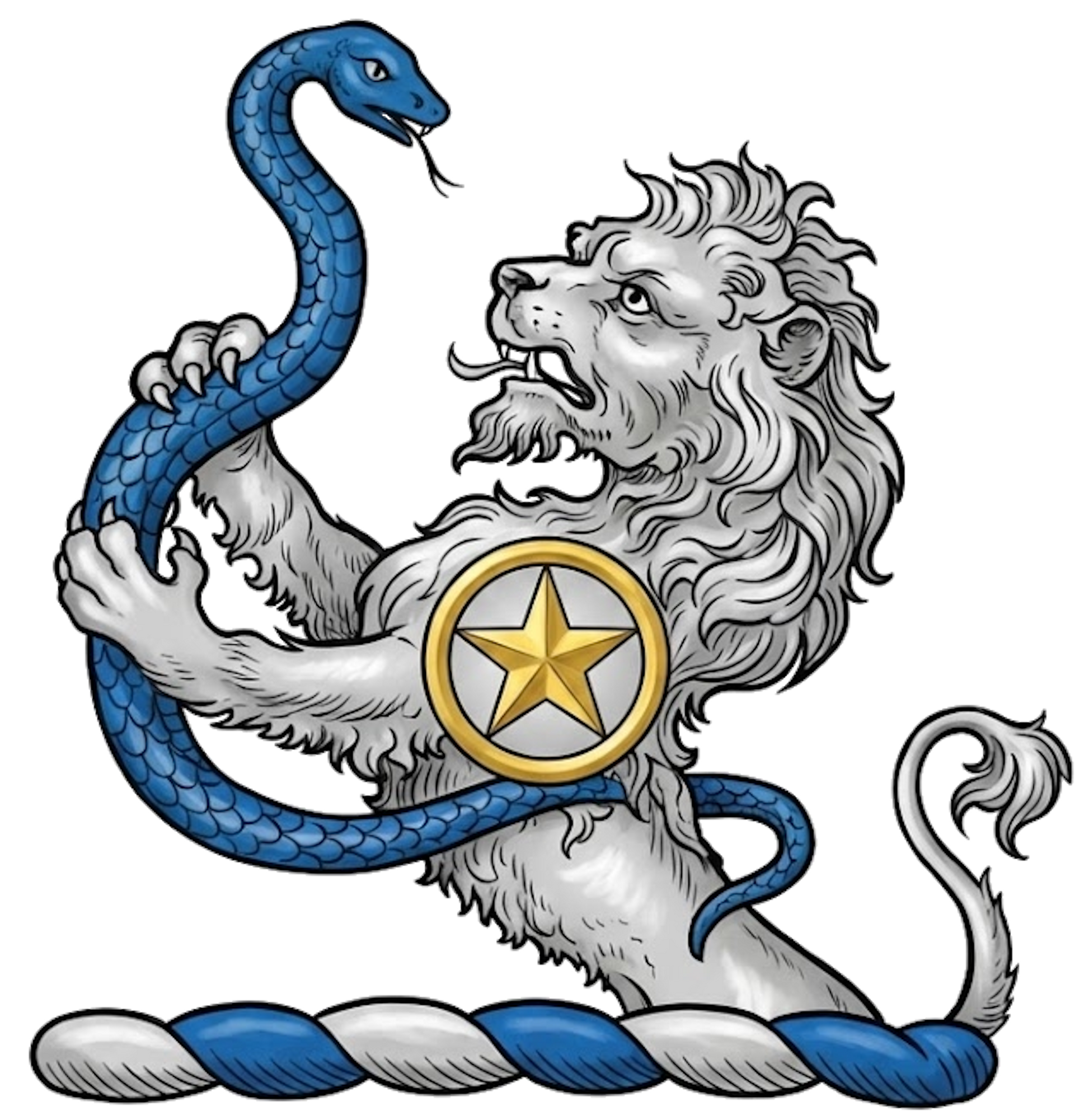 A demi-lion rampant argent, charged on the shoulder with a mullet within an annulet, holding in the paws a snake entwined azure digital download: Includes Color PNG, B&W PNG, and SVG vector files