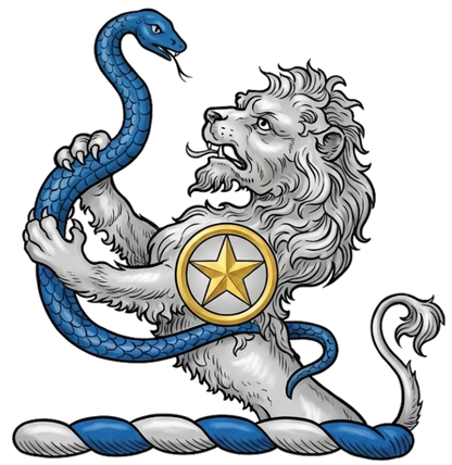 A demi-lion rampant argent, charged on the shoulder with a mullet within an annulet, holding in the paws a snake entwined azure digital download: Includes Color PNG, B&W PNG, and SVG vector files