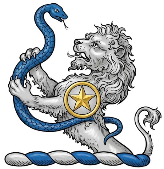 A demi-lion rampant argent, charged on the shoulder with a mullet within an annulet, holding in the paws a snake entwined azure digital download: Includes Color PNG, B&W PNG, and SVG vector files