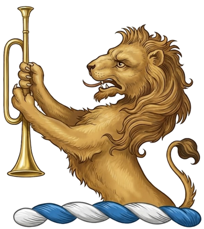 Demi-Lion Rampant Holding a Trumpet Palewise Crest digital download: Includes Color PNG, B&W PNG, and SVG vector files