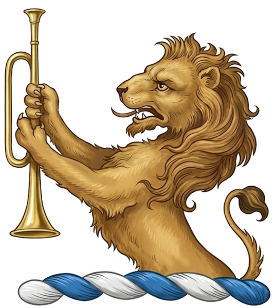 Demi-Lion Rampant Holding a Trumpet Palewise Crest digital download: Includes Color PNG, B&W PNG, and SVG vector files