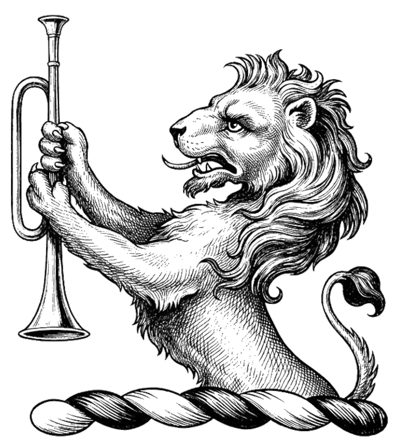 Demi-Lion Rampant Holding a Trumpet Palewise Crest digital download: Includes Color PNG, B&W PNG, and SVG vector files