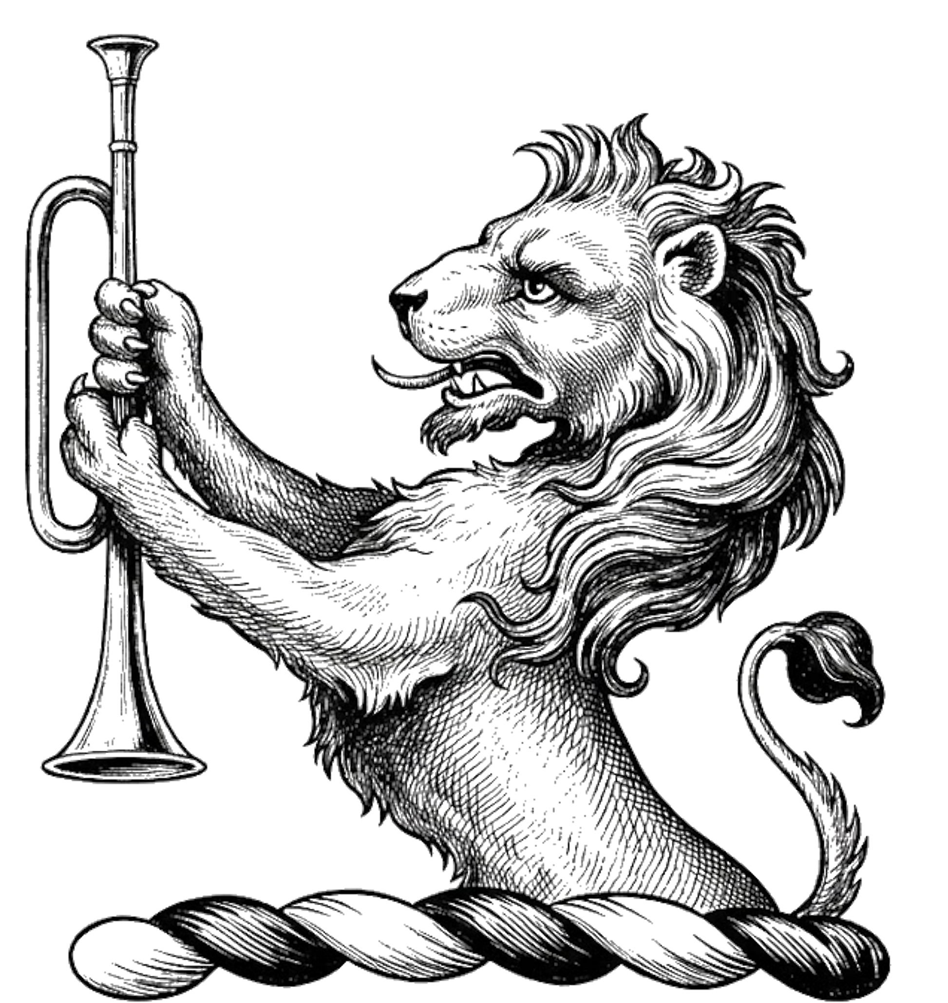Demi-Lion Rampant Holding a Trumpet Palewise Crest digital download: Includes Color PNG, B&W PNG, and SVG vector files