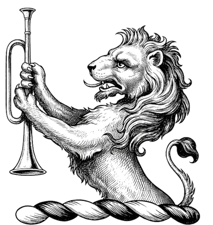 Demi-Lion Rampant Holding a Trumpet Palewise Crest digital download: Includes Color PNG, B&W PNG, and SVG vector files