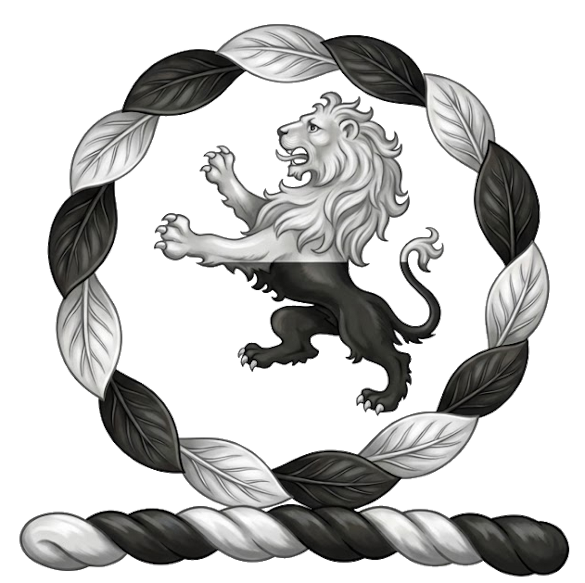 Within a wreath Argent and Sable, a lion rampant per fess of the same digital download: Includes Color PNG, B&W PNG, and SVG vector files