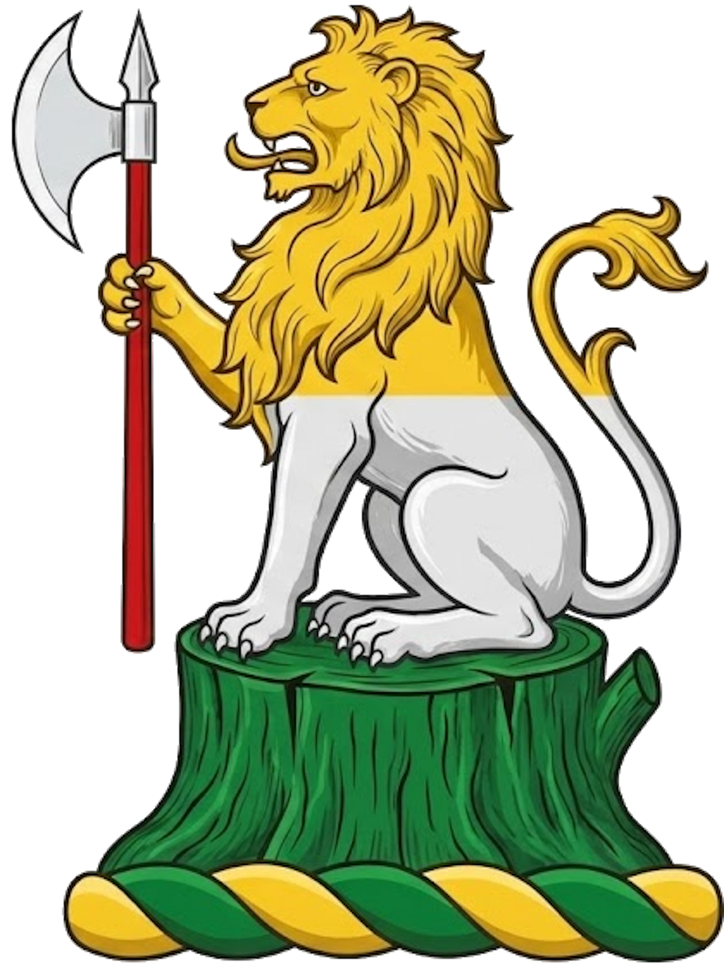 On the stump of a tree vert a lion sejant per fesse or and arg. holding in the dexter paw a battle-axe gu. headed of the third digital download: Includes Color PNG, B&W PNG, and SVG vector files