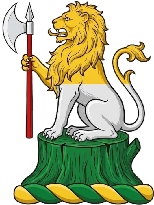 On the stump of a tree vert a lion sejant per fesse or and arg. holding in the dexter paw a battle-axe gu. headed of the third digital download: Includes Color PNG, B&W PNG, and SVG vector files