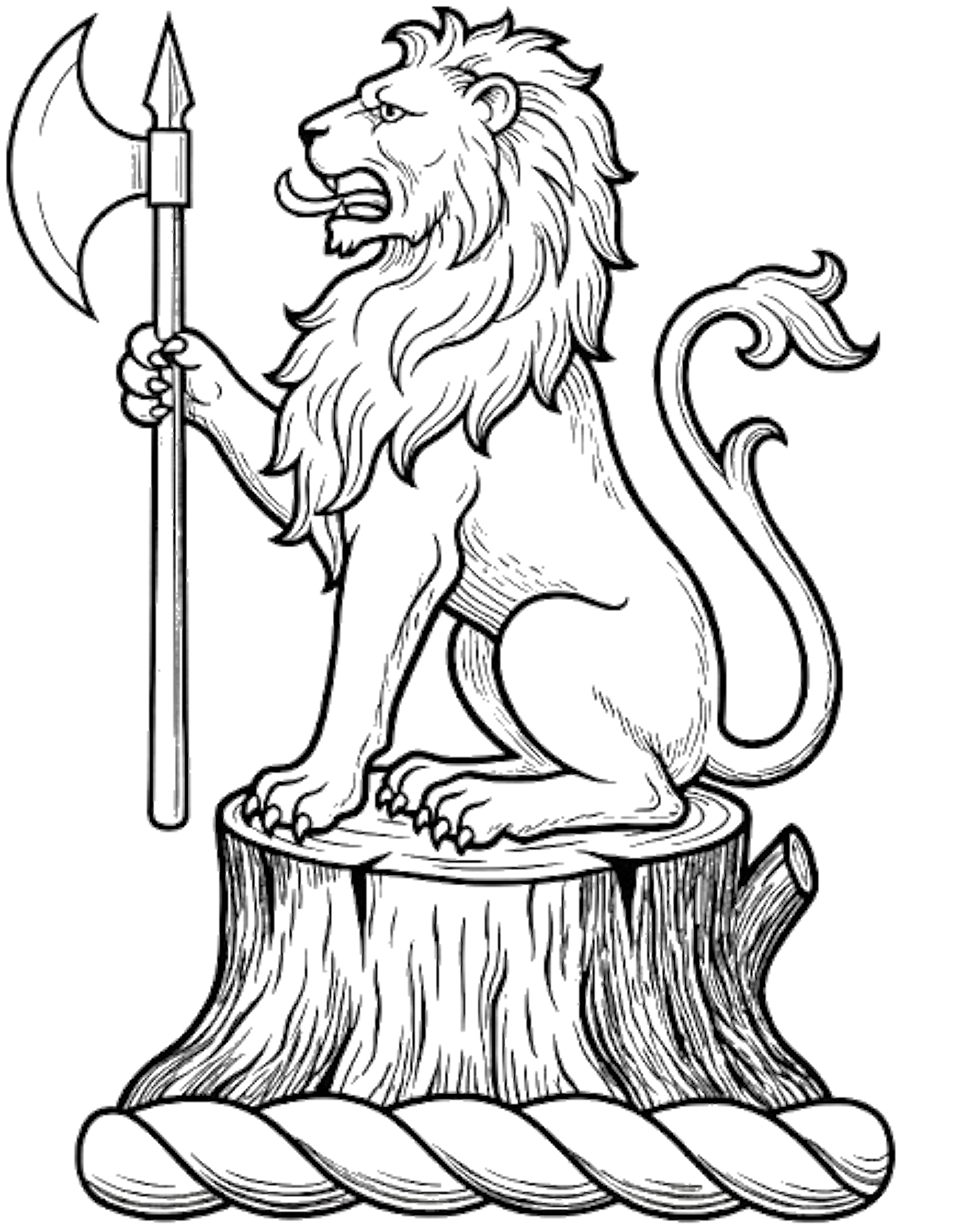 On the stump of a tree vert a lion sejant per fesse or and arg. holding in the dexter paw a battle-axe gu. headed of the third digital download: Includes Color PNG, B&W PNG, and SVG vector files