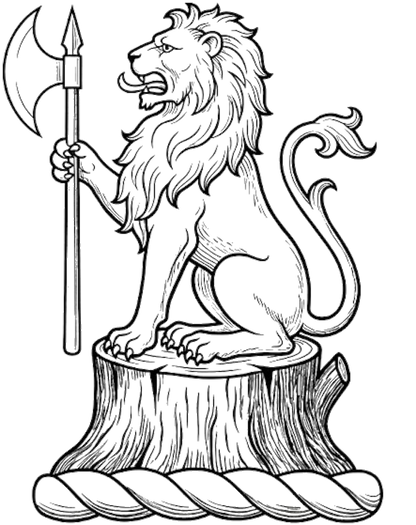 On the stump of a tree vert a lion sejant per fesse or and arg. holding in the dexter paw a battle-axe gu. headed of the third digital download: Includes Color PNG, B&W PNG, and SVG vector files