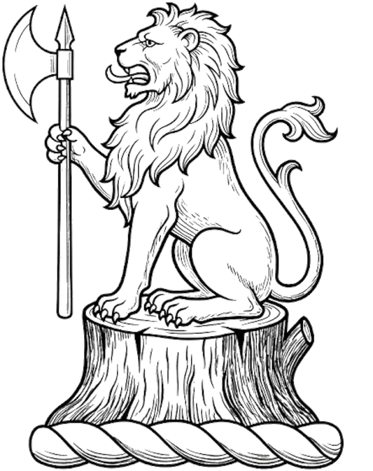 On the stump of a tree vert a lion sejant per fesse or and arg. holding in the dexter paw a battle-axe gu. headed of the third digital download: Includes Color PNG, B&W PNG, and SVG vector files