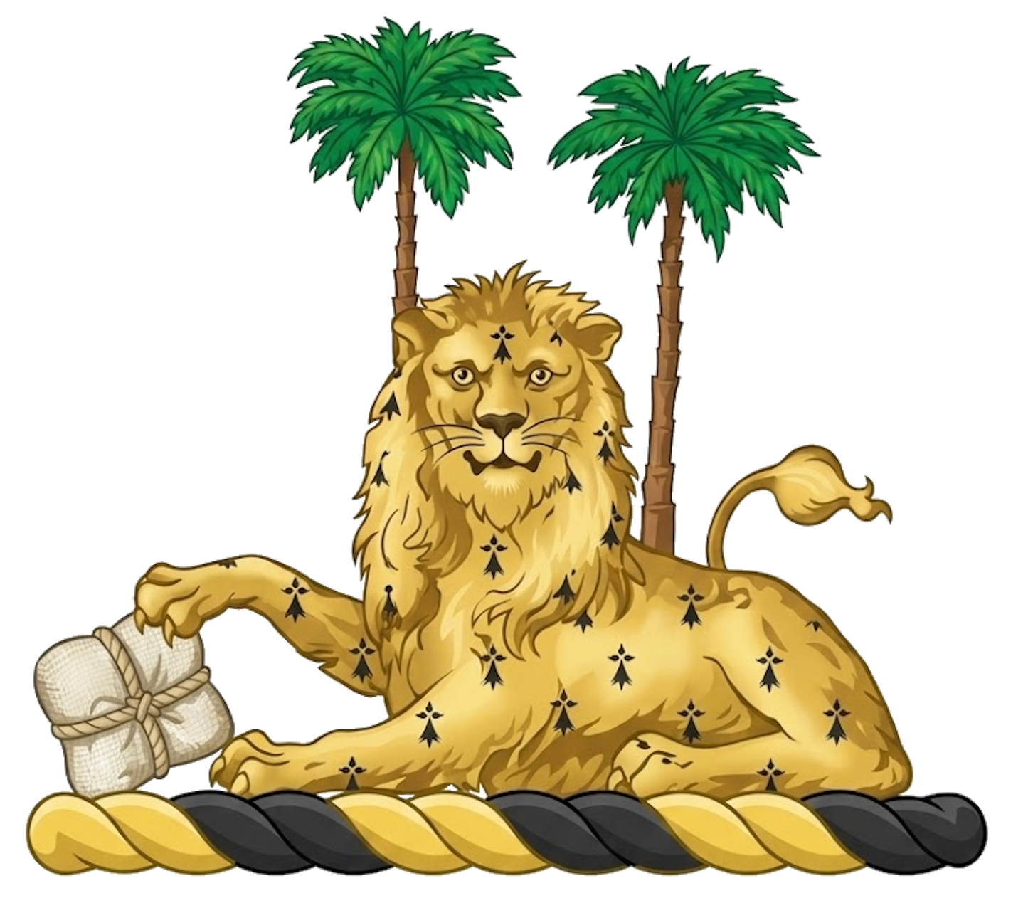 In front of two palm-trees proper, a lion couchant gardant erminois, resting the dexter claw upon a bale of cotton proper digital download: Includes Color PNG, B&W PNG, and SVG vector files