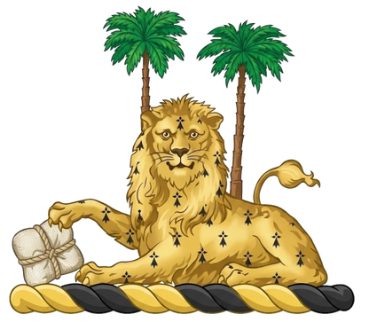In front of two palm-trees proper, a lion couchant gardant erminois, resting the dexter claw upon a bale of cotton proper digital download: Includes Color PNG, B&W PNG, and SVG vector files