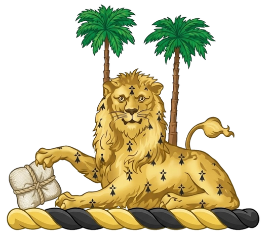 In front of two palm-trees proper, a lion couchant gardant erminois, resting the dexter claw upon a bale of cotton proper digital download: Includes Color PNG, B&W PNG, and SVG vector files